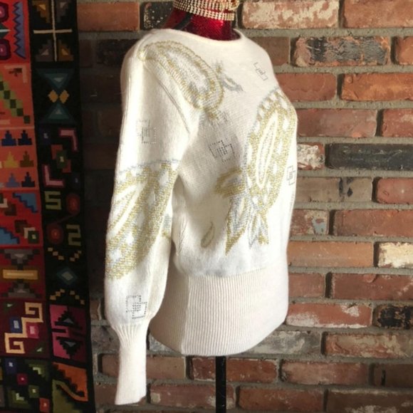 VINTAGE MONDI 80s KNIT SWEATER GOLD & SILVER METALLIC STITCHING RHINESTONES S - Picture 3 of 4